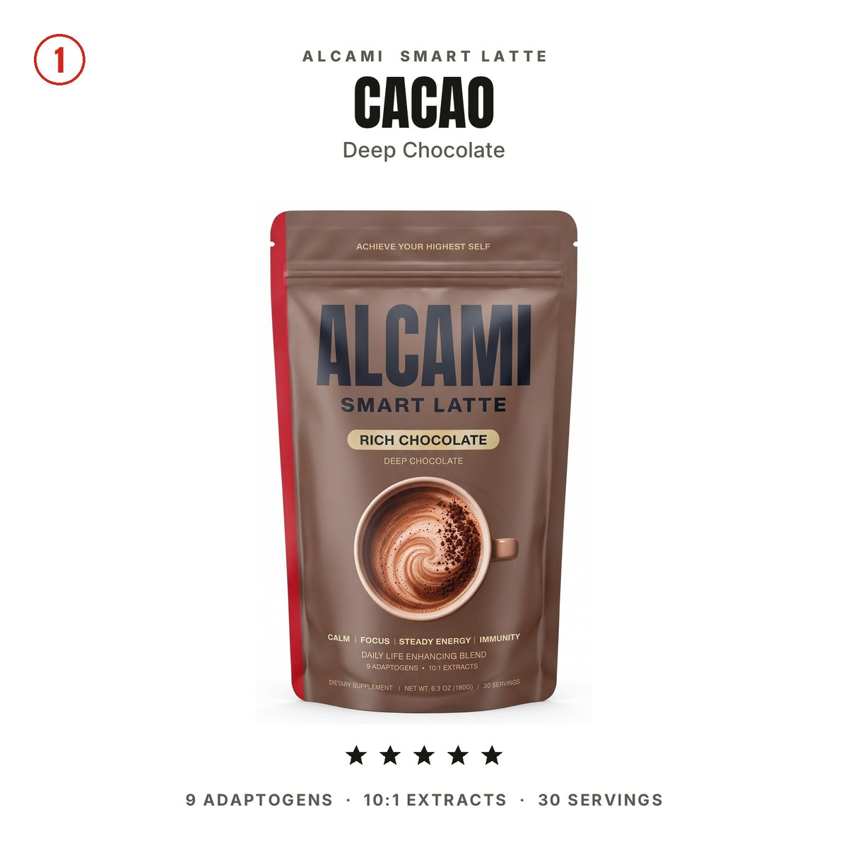 Alcami Smart Latte Cacao pouch, deep chocolate: 9 adaptogens, 10:1 extracts, 30 servings