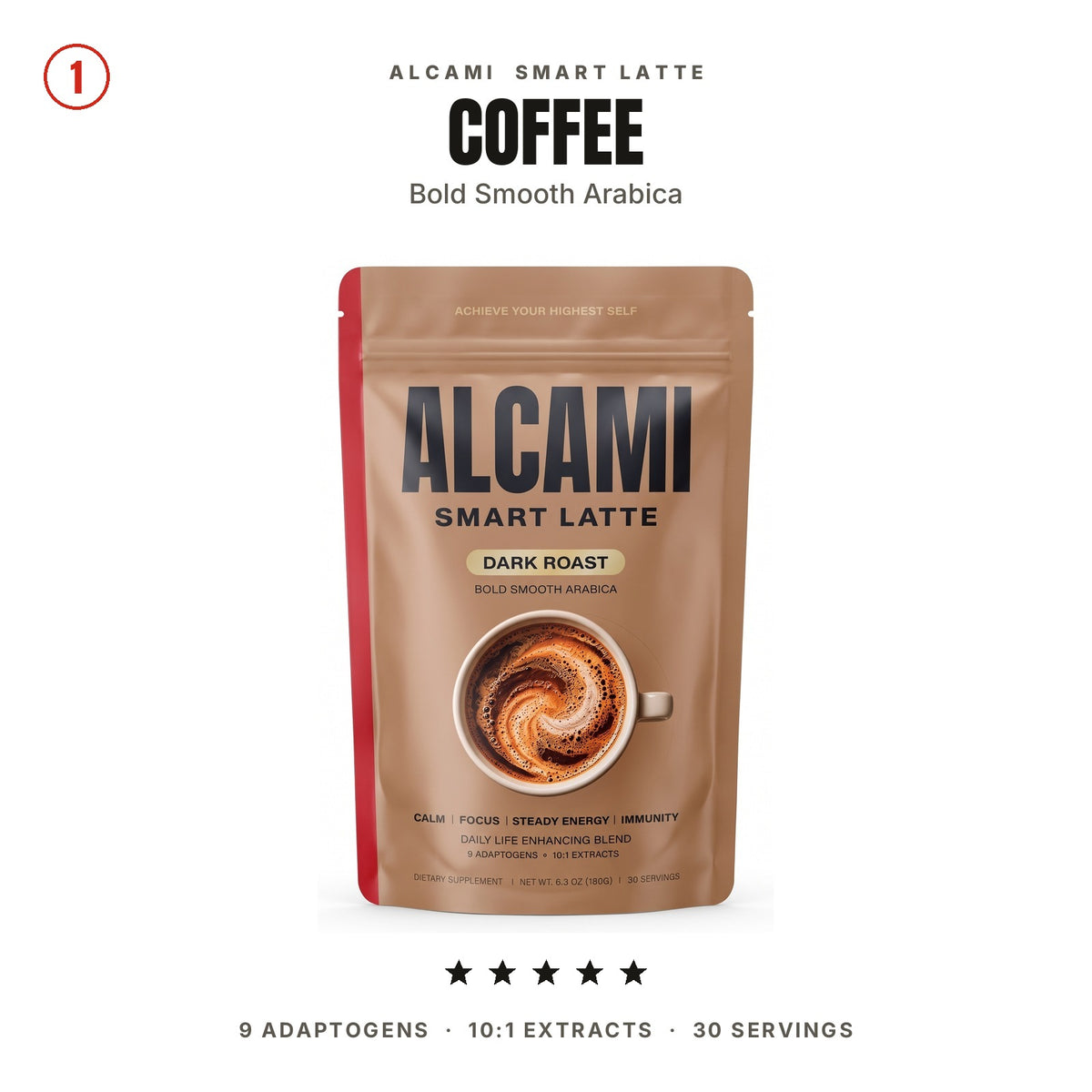 Alcami Smart Latte Coffee pouch, bold smooth Arabica: 9 adaptogens, 10:1 extracts, 30 servings