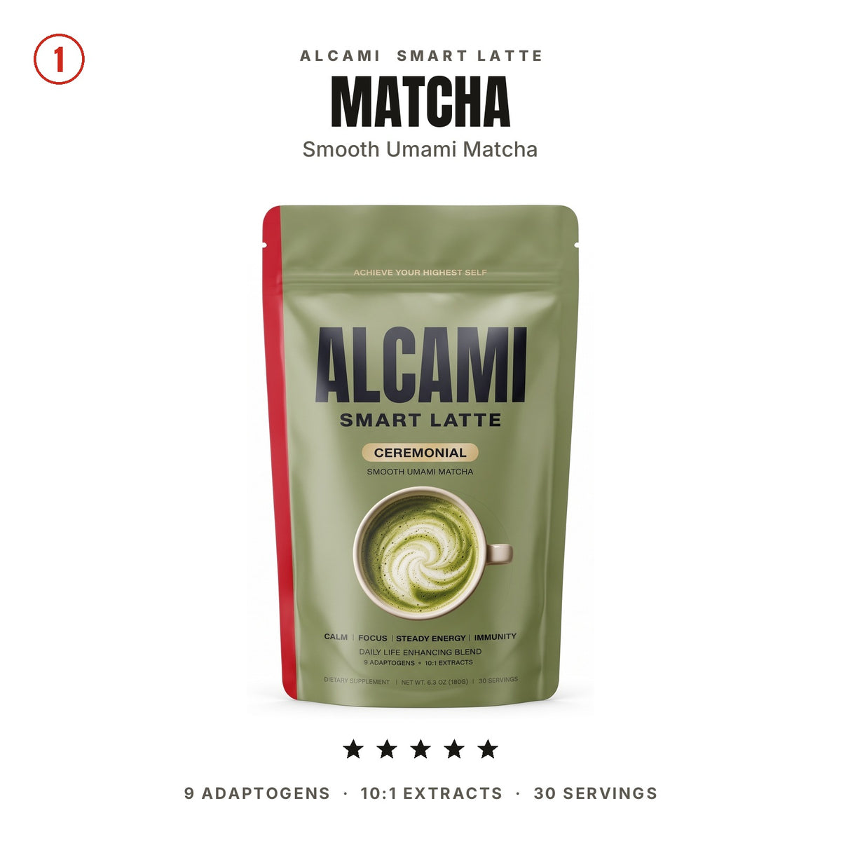 Alcami Smart Latte Matcha pouch, smooth umami matcha: 9 adaptogens, 10:1 extracts, 30 servings