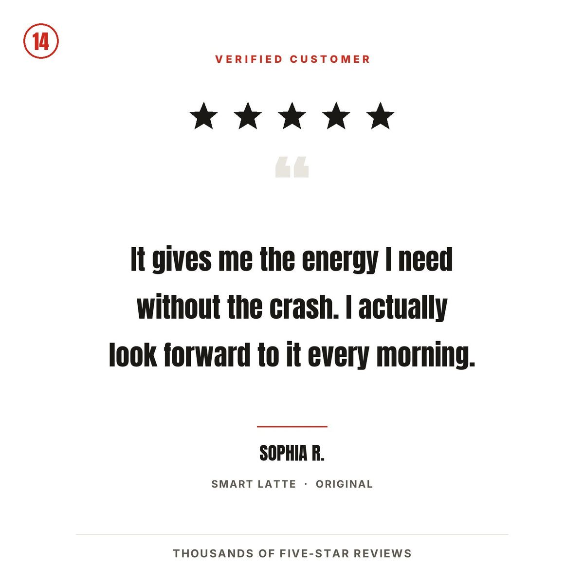 5 star review from Sophia R.: it gives me the energy I need without the crash, and I look forward to it every morning