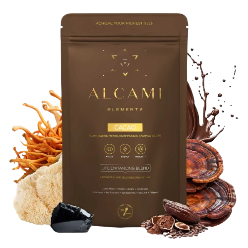 Life-enhancing natural nootropic blend in cacao flavor by Alcami Elements for focus and cognitive support.