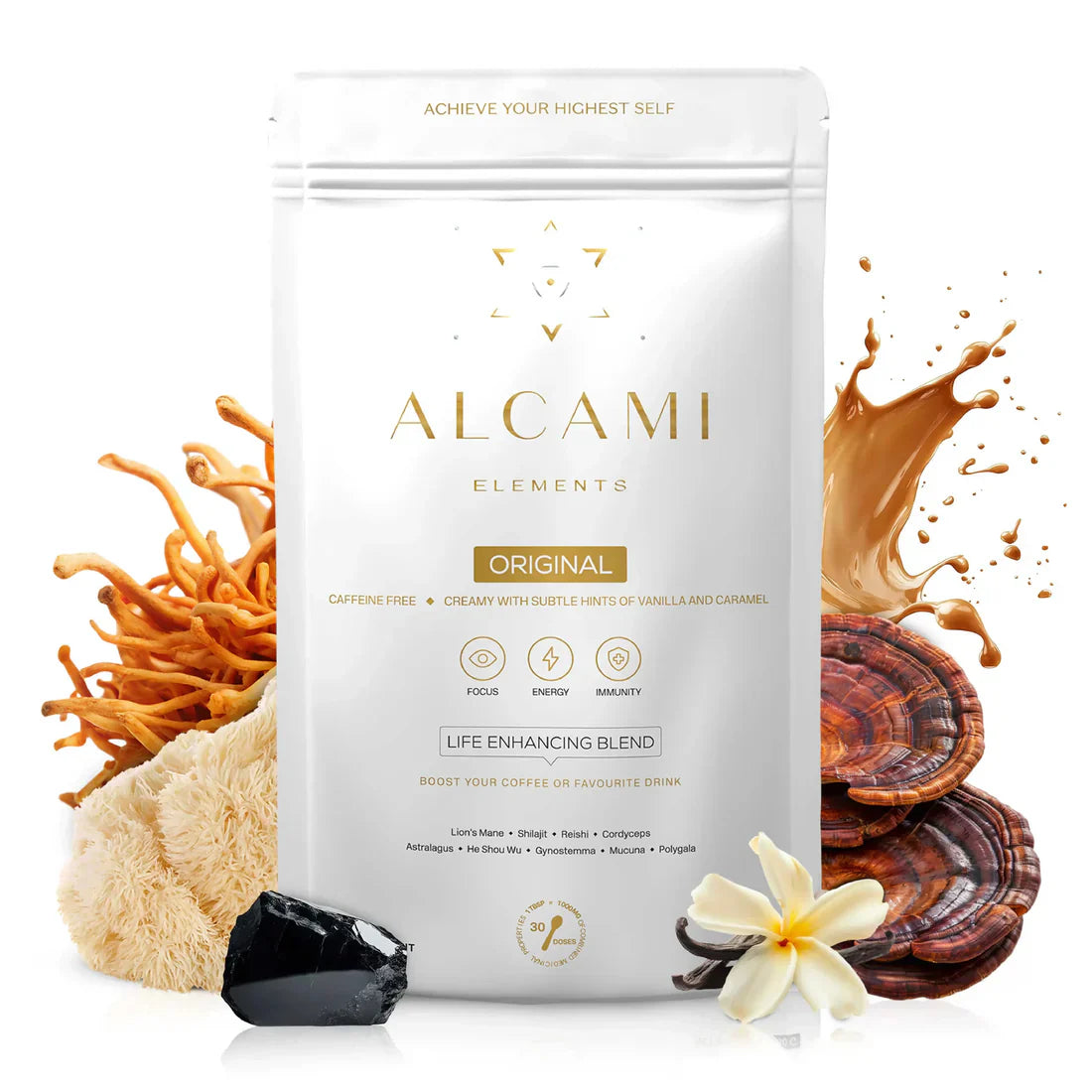 Caffeine-free mushroom coffee blend with vanilla and caramel notes, crafted by Alcami Elements.