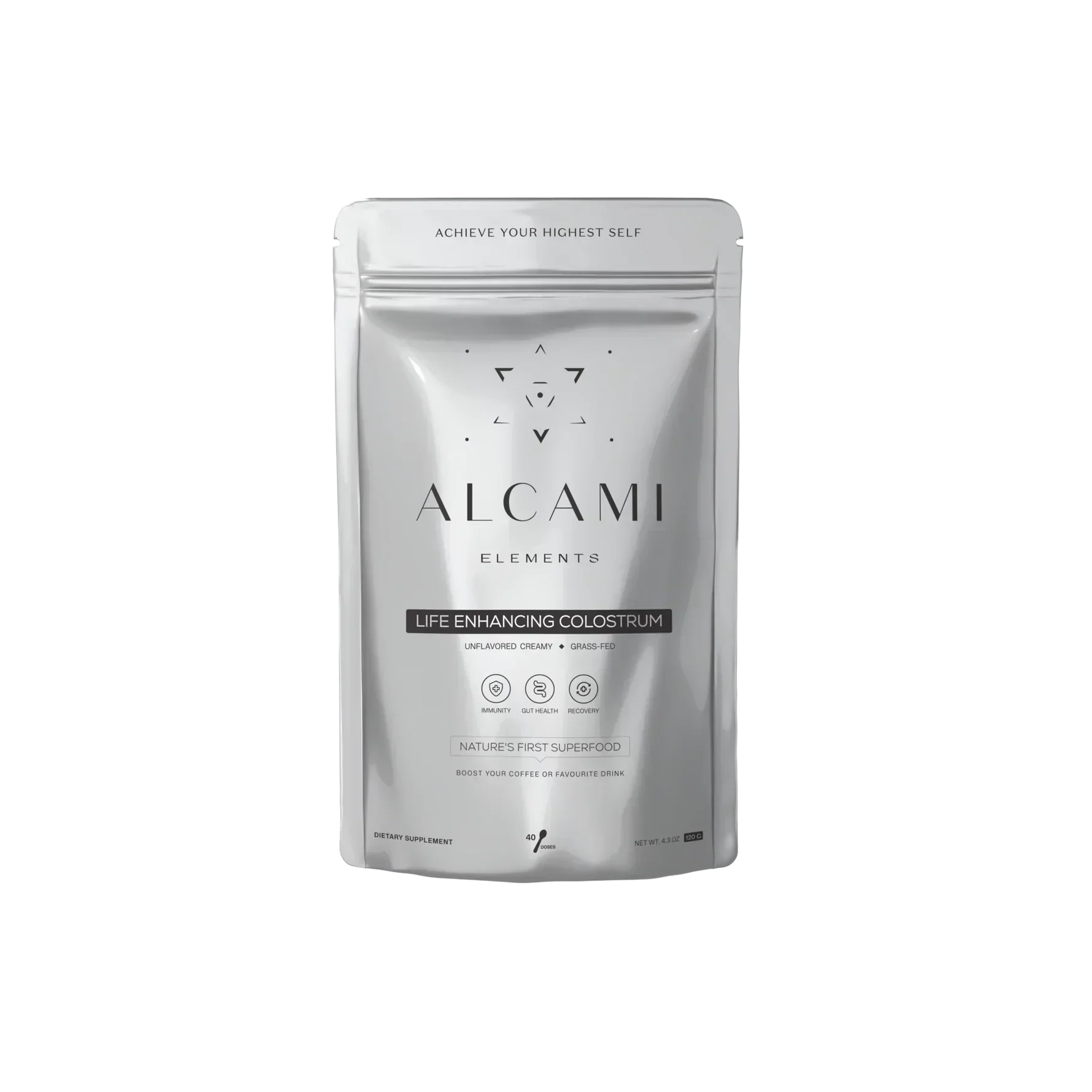 Product shot of Alcami Elements’ Colostrum sourced from premium, grass-fed, and grass-finished cattle