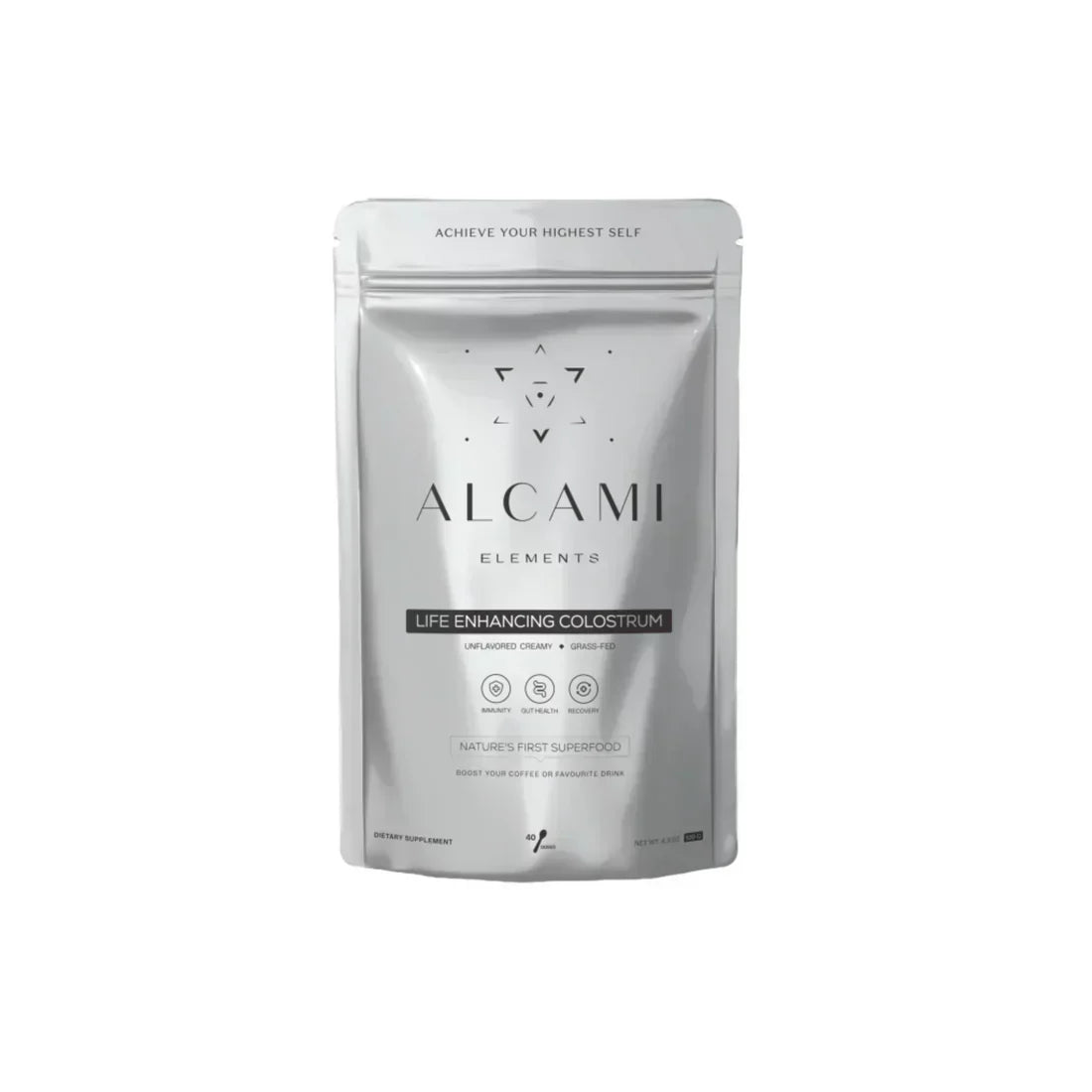 A product shot of a silver package of Alcami Elements’ Life Enhancing Colostrum.