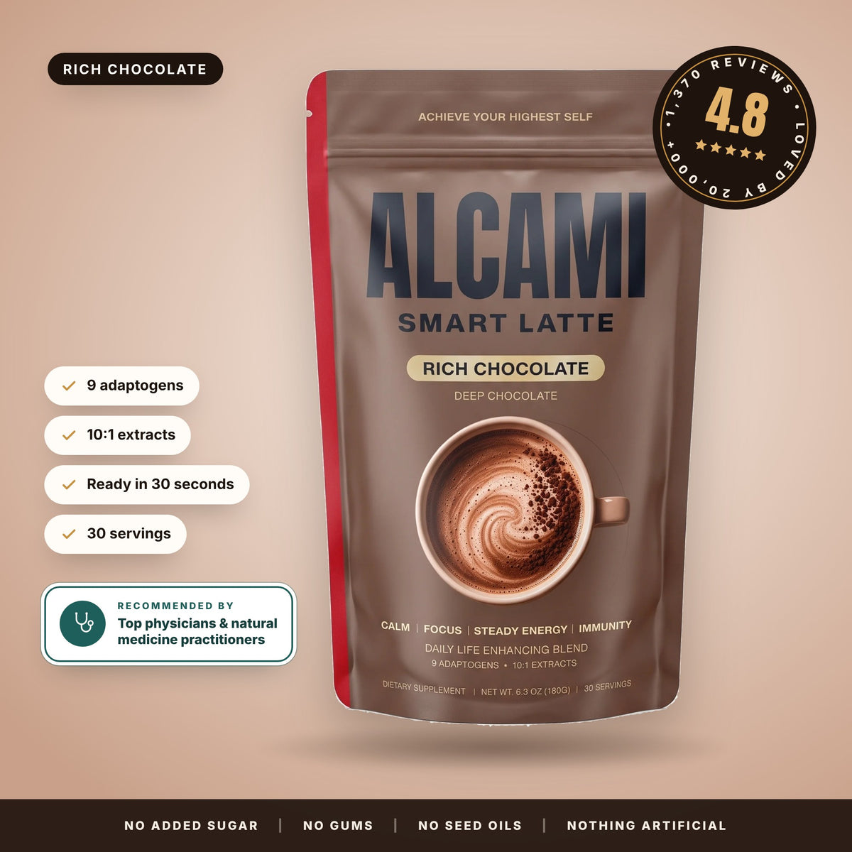 Alcami Smart Latte pouch beside a latte: calm energy for a higher you