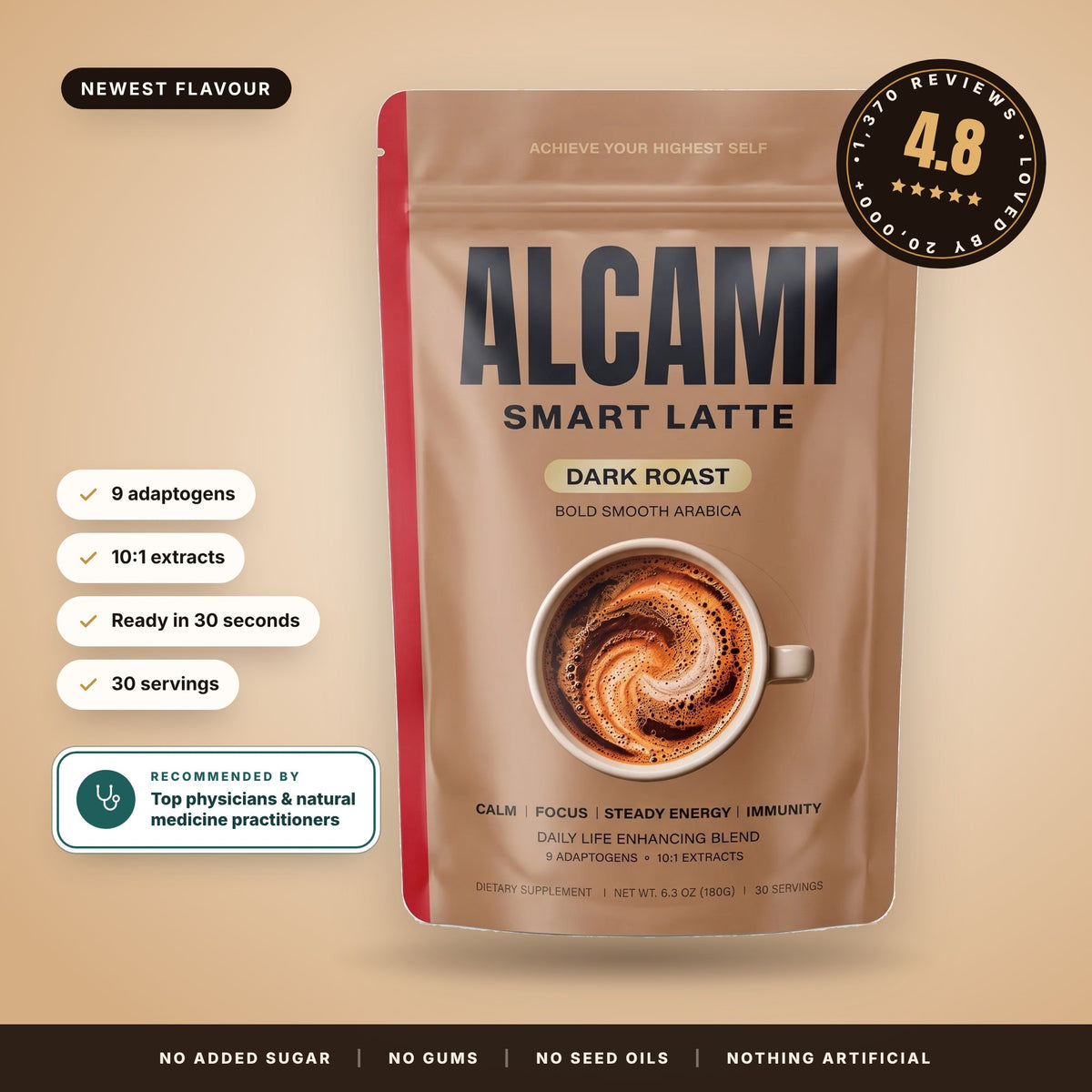 Alcami Smart Latte pouch beside a latte: calm energy for a higher you