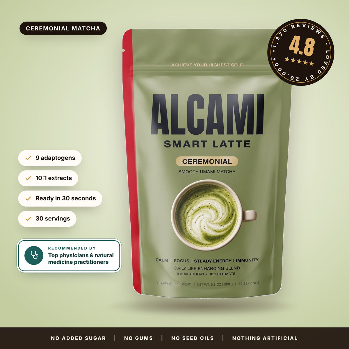 Alcami Smart Latte pouch beside a latte: calm energy for a higher you