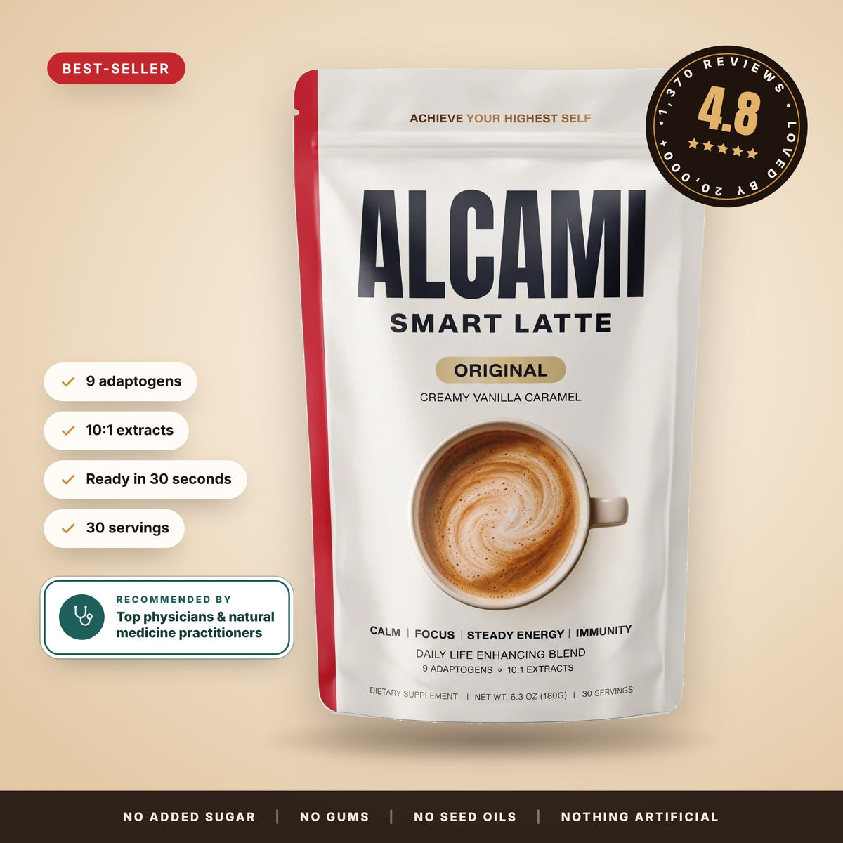 Alcami Smart Latte pouch beside a latte: calm energy for a higher you