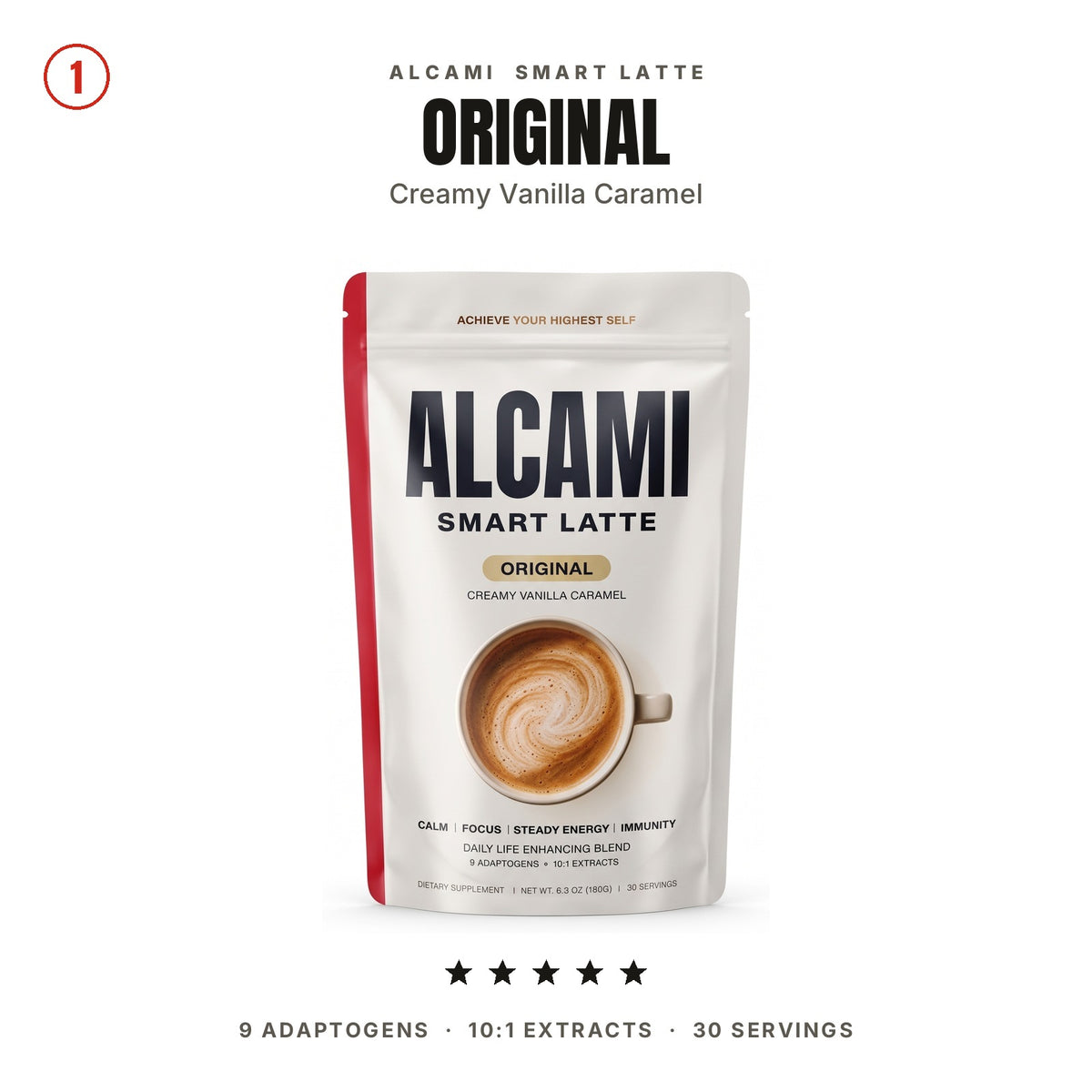 Alcami Smart Latte Original creamy vanilla caramel pouch with a 5 star rating