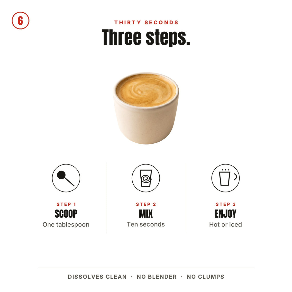 Three steps: scoop one tablespoon, mix it hot or cold, and enjoy