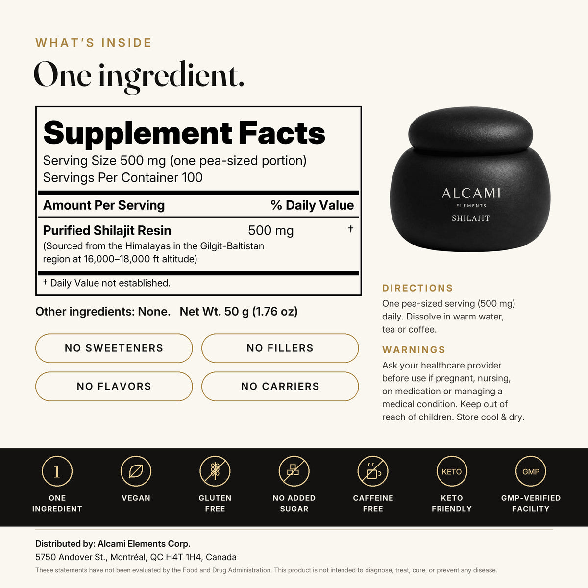One ingredient: Alcami Himalayan Shilajit supplement facts, purified shilajit resin with no sweeteners, fillers, flavours or additives