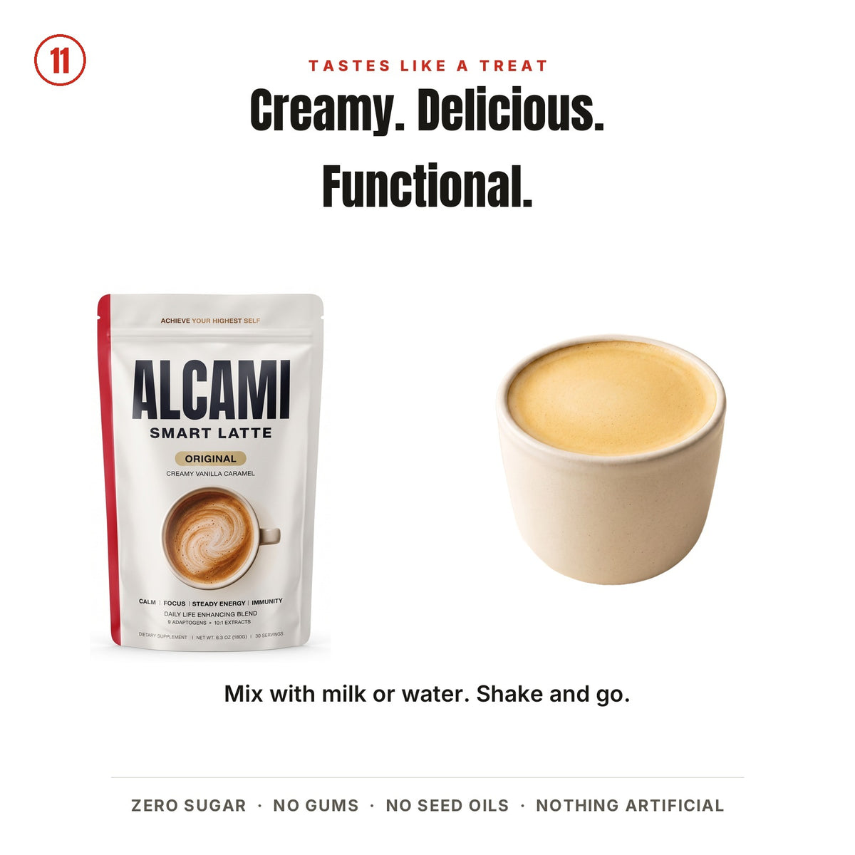 Creamy, delicious, functional: mix Alcami Smart Latte with milk or water, shake and go