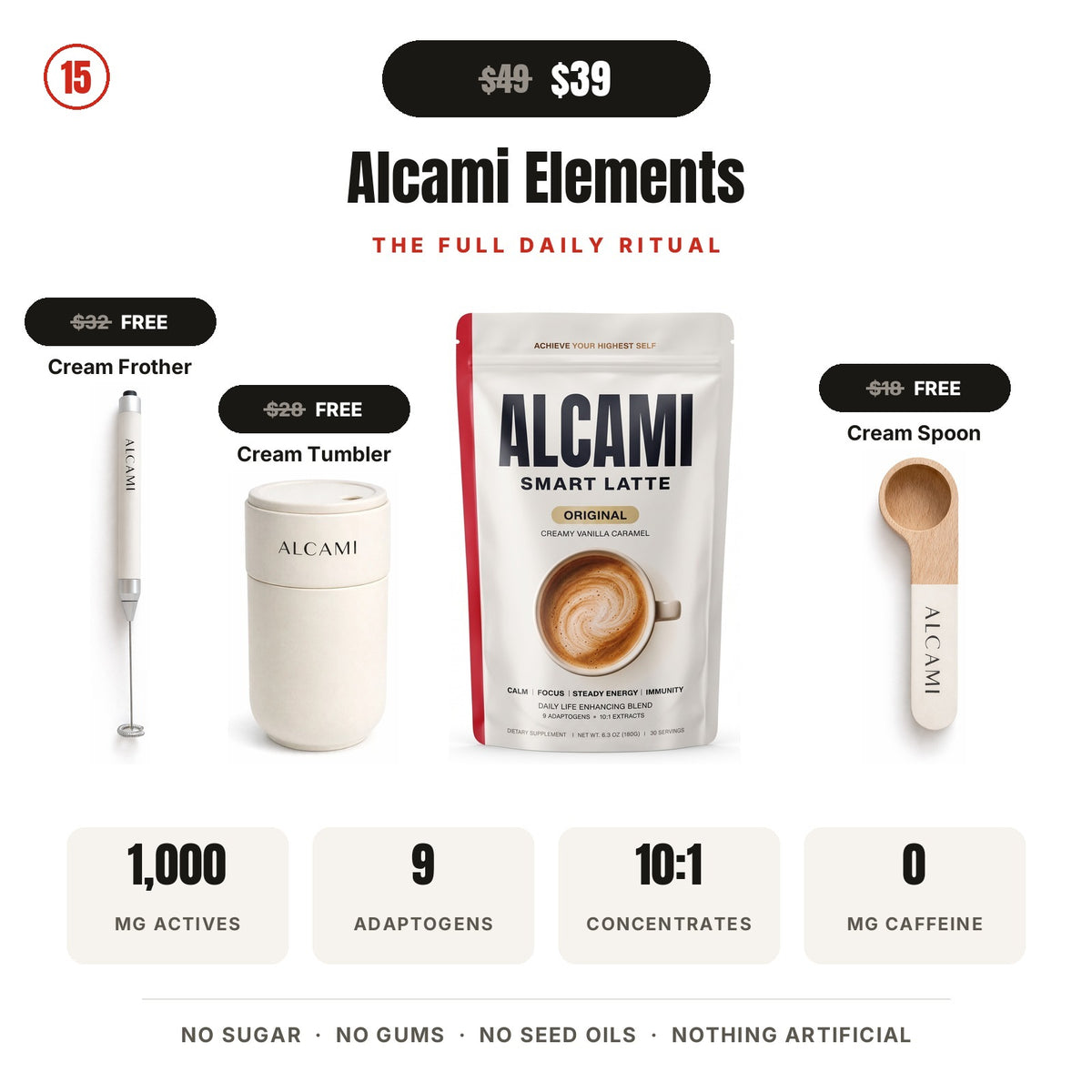 Alcami Elements daily ritual: Smart Latte with a free cream frother, tumbler and spoon, 9 adaptogens, 10:1 concentrated, zero caffeine