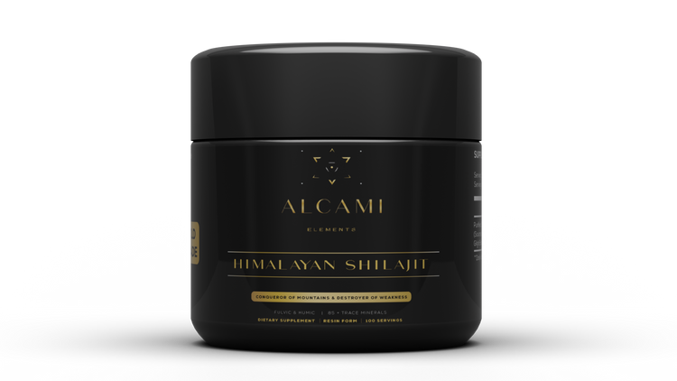 Alcami Elements Himalayan Shilajit resin supplement jar.