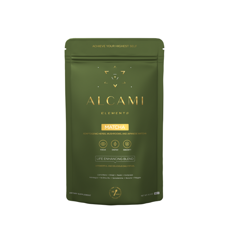 Alcami Elements Matcha Life Enhancing Blend with adaptogenic herbs and mushrooms.