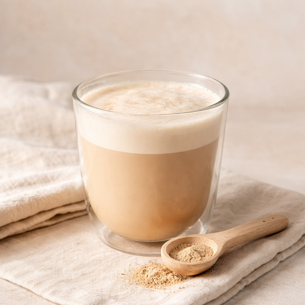 A frothy Alcami latte in a glass mug with a wooden spoon of powder