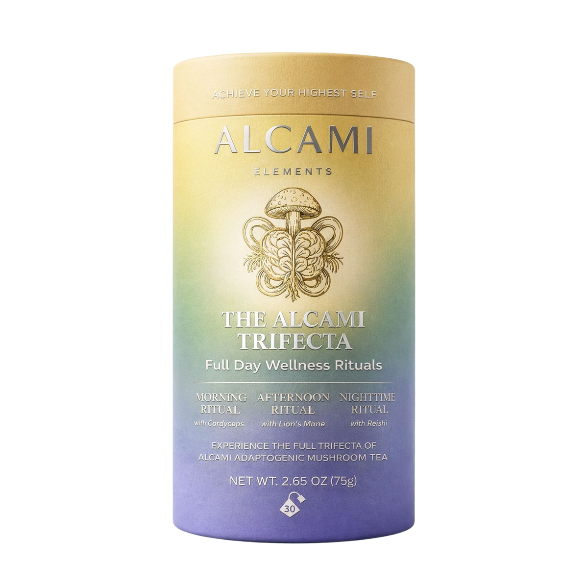 A cylindrical container labeled Alcami Ritual Tea Triple, featuring a mushroom illustration and a gradient yellow to purple background, crafted to support nervous system regulation with its adaptogenic tea blend—an ideal companion for combating blue light stress throughout your day.