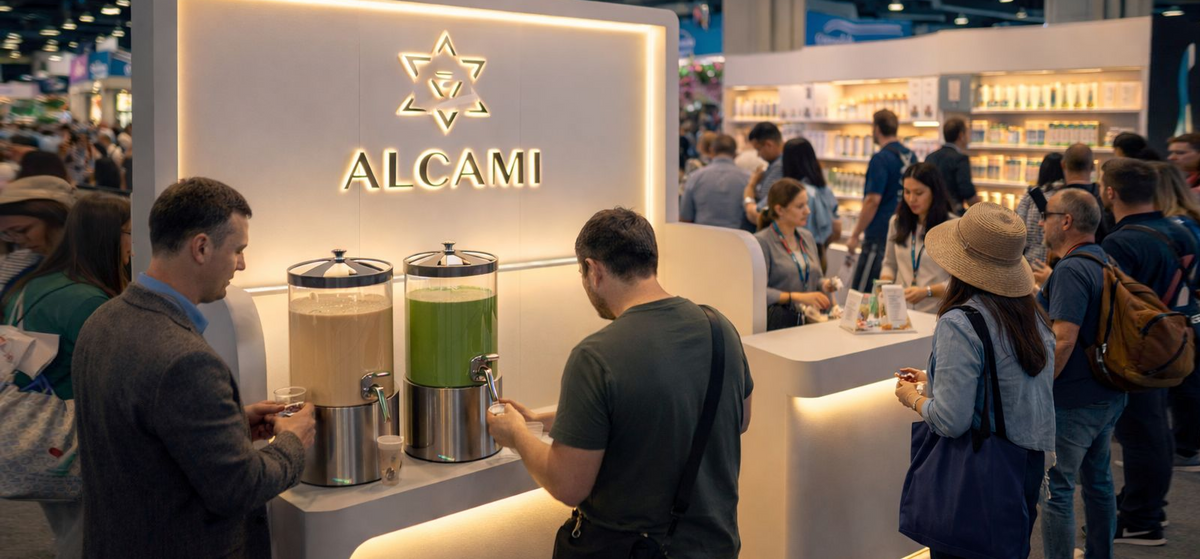 People gather around a booth with two drink dispensers, one with a beige liquid and one green, under a sign that says ALCAMI. The scene is busy, with many visitors interacting in a well-lit convention space.