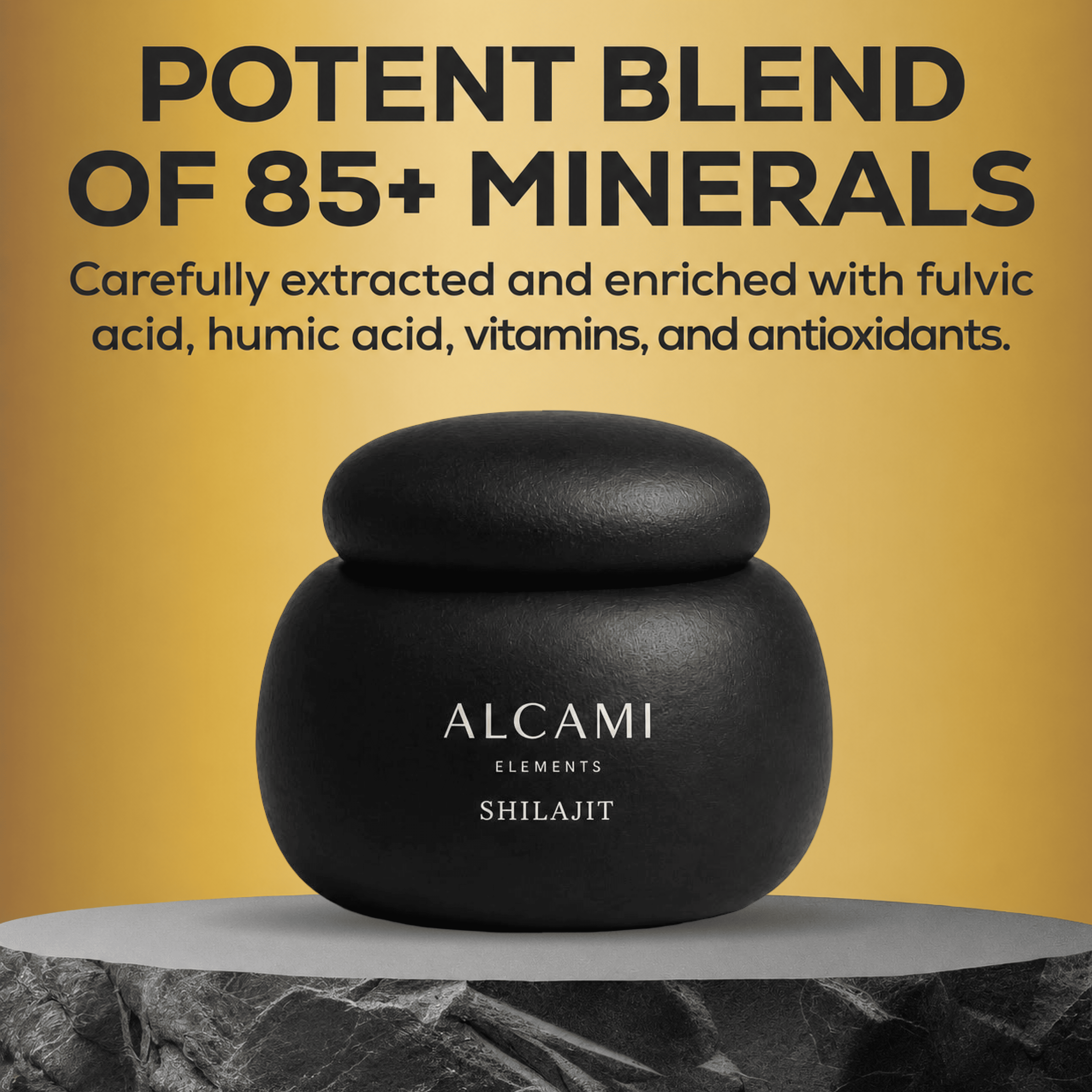 A black jar labeled "Himalayan Shilajit" sits on a textured rock, with text above highlighting its blend of 85+ minerals and enrichment with acids, vitamins, and antioxidants from this mineral-rich resin.
