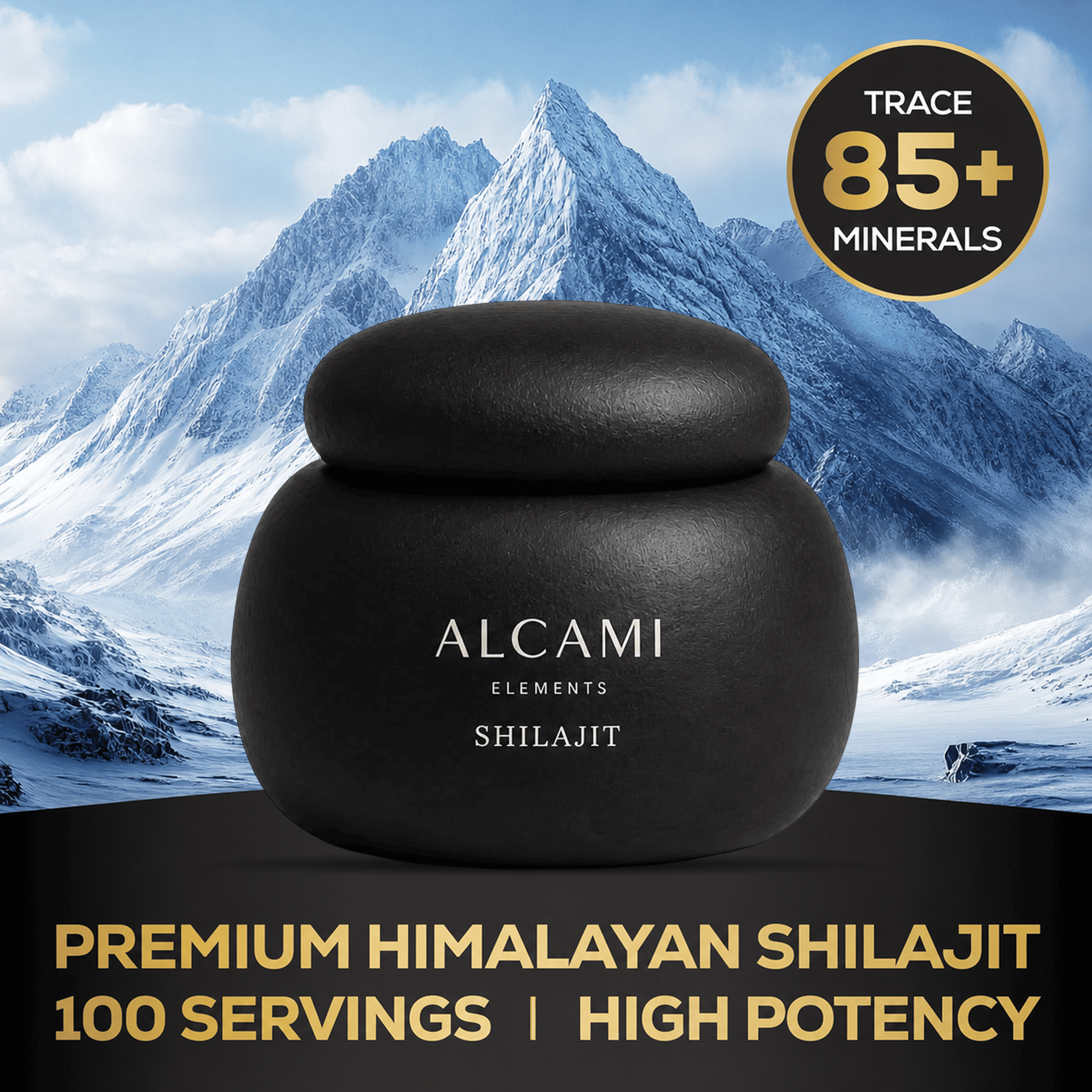 A black jar labeled Himalayan Shilajit is pictured against a backdrop of snowy mountains. The text highlights 85+ trace minerals, premium Himalayan shilajit resin, 100 servings, and high potency.