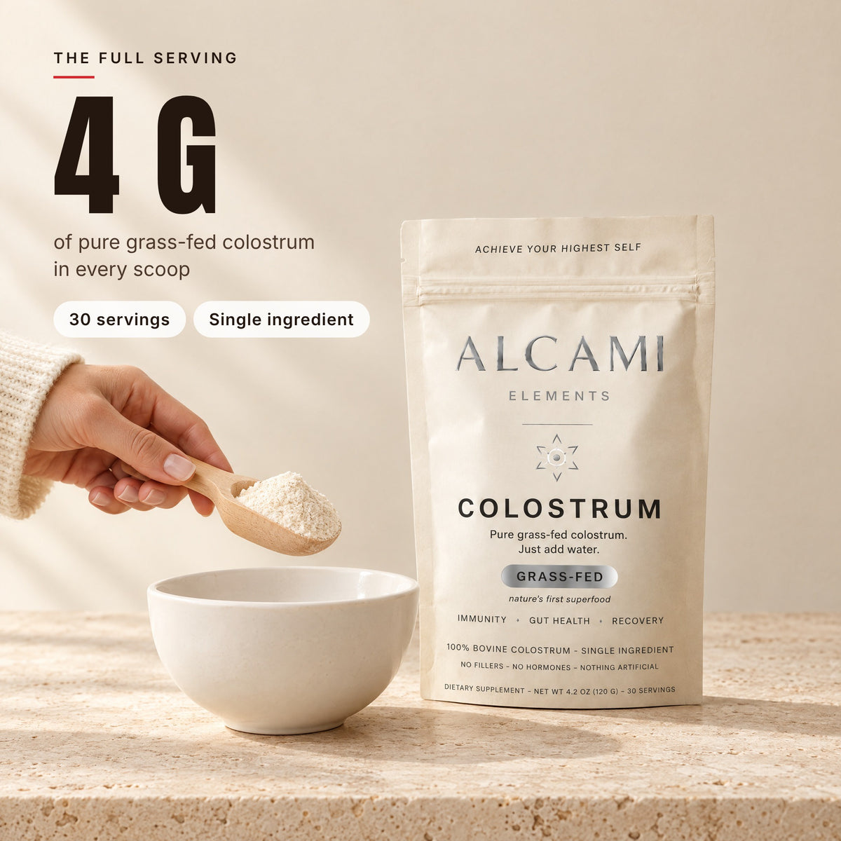 4 g of pure grass-fed colostrum in every scoop of Alcami Colostrum, single ingredient