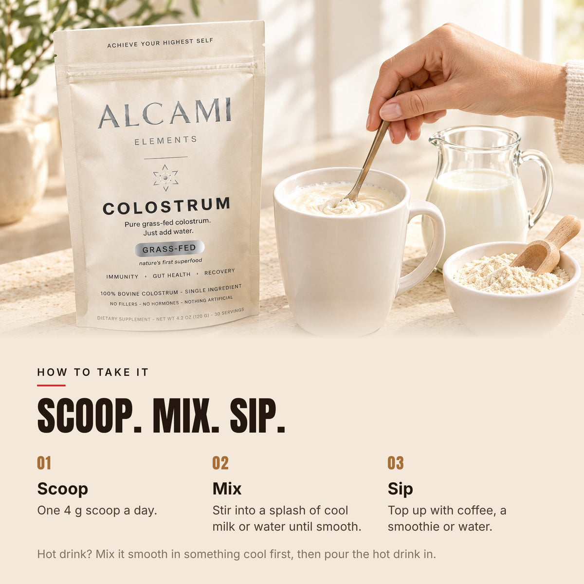 How to take Alcami Colostrum: scoop 4 g, mix it into water or a drink, and sip