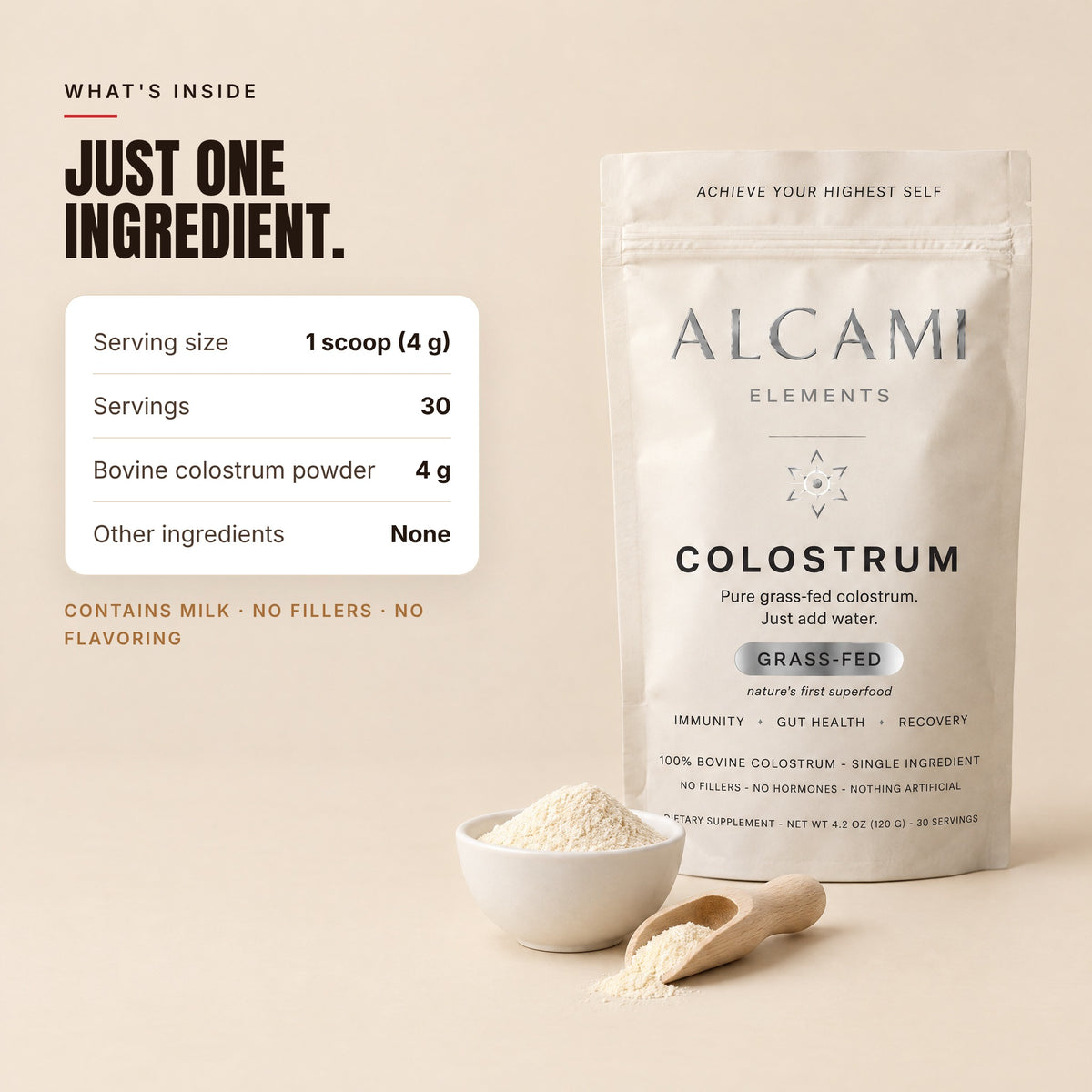 Just one ingredient: Alcami Colostrum pouch with its supplement facts, bovine colostrum powder and nothing else