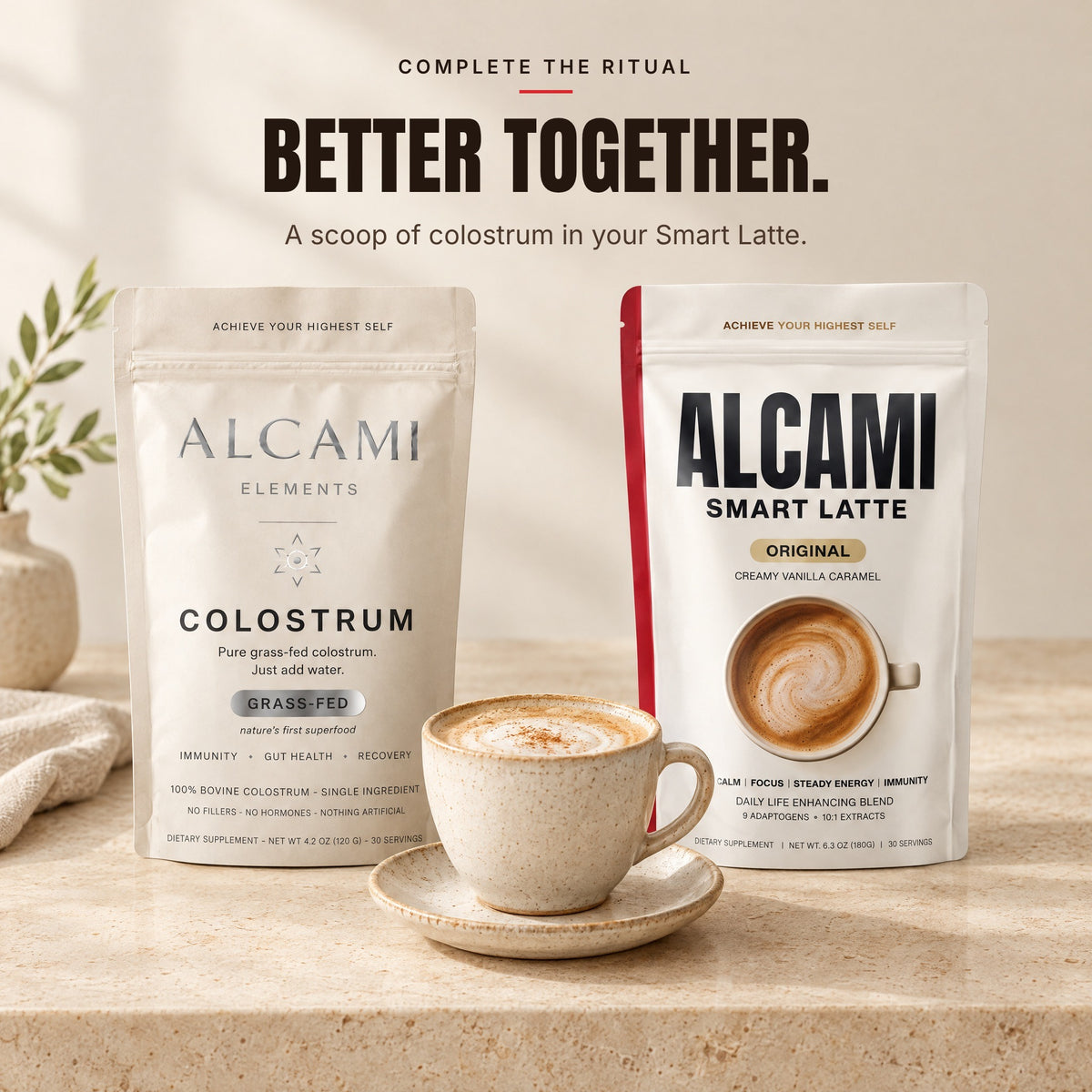 Better together: Alcami Colostrum with Alcami Smart Latte and a cup of latte