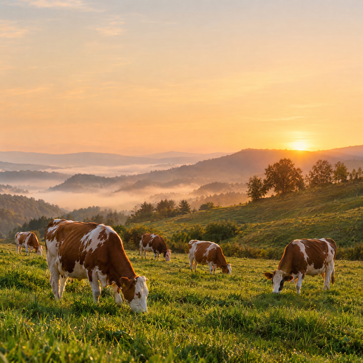 Cows grazing on green rolling pasture at golden hour