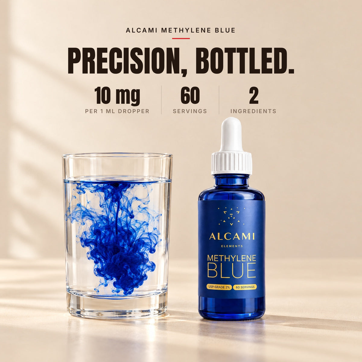 Precision, bottled: Alcami Methylene Blue, 10 mg per dropper, 60 servings, 2 ingredients, swirling into a glass of water