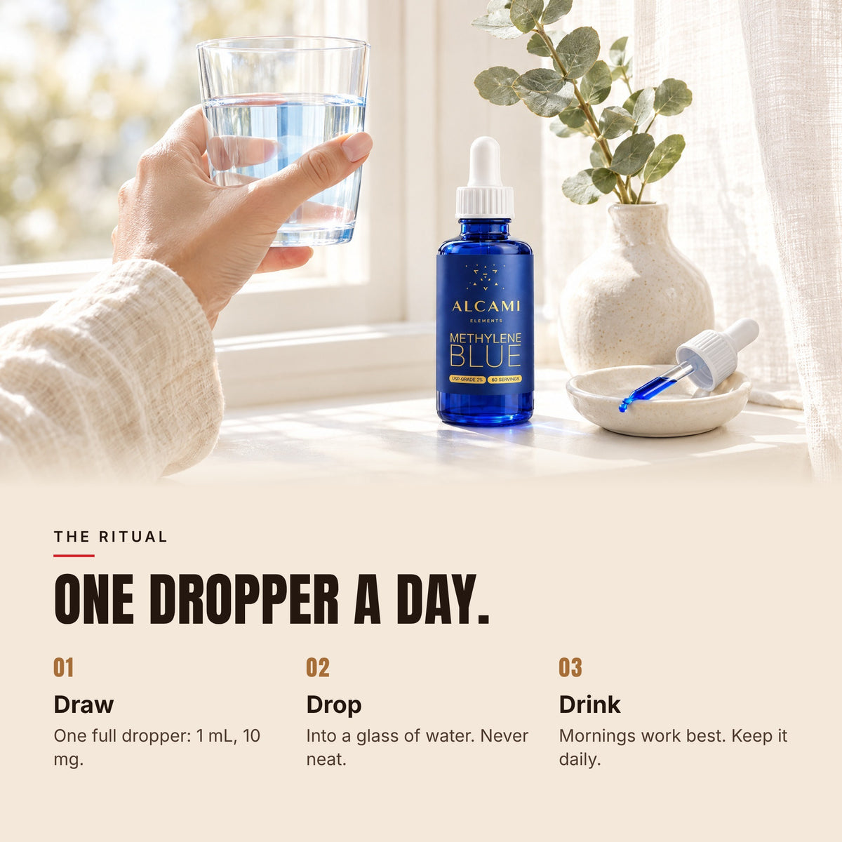 One dropper a day: draw a full dropper, drop it into a glass of water and drink