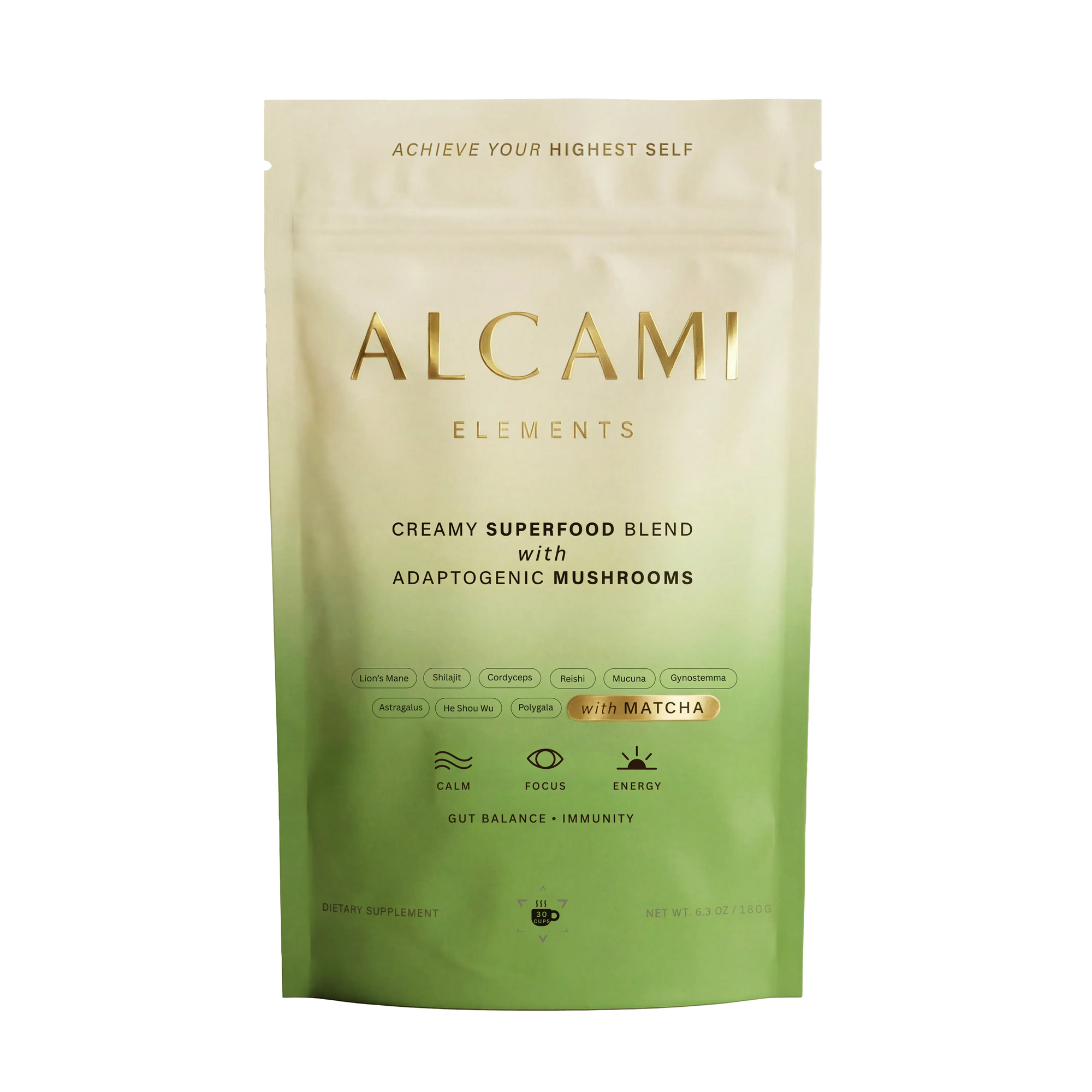 A green and white pouch labeled Alcami Elements Creamy Superfood Blend with Adaptogenic Mushrooms and Matcha, featuring premium mushroom extracts designed to support gut balance, immunity, calm, focus, and energy.