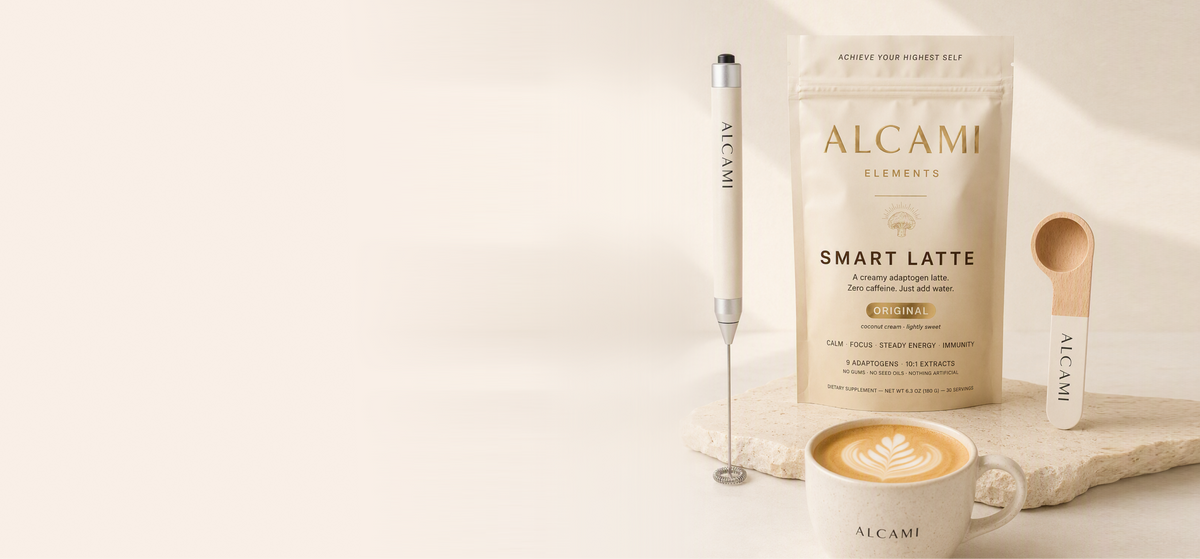 Alcami Smart Latte pouch with a frother, a clip spoon and a latte