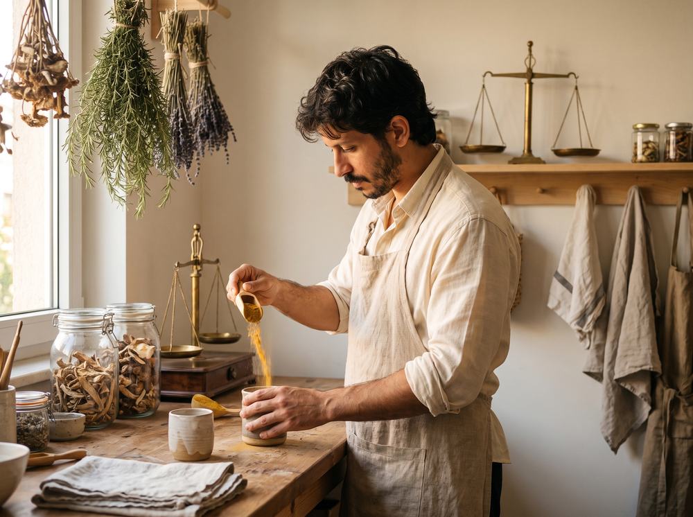 Derik Sanche, Alcami's co-founder and herbalist, blending in his studio